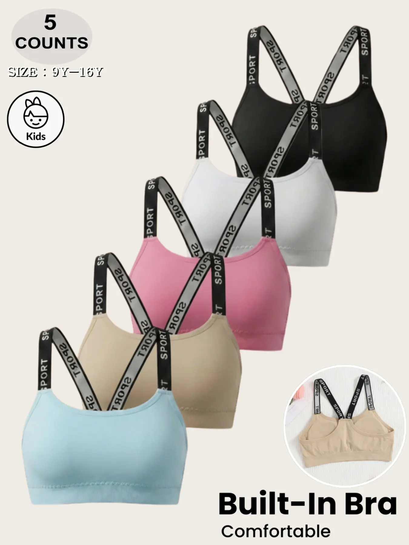 Girls' Tank Tops Set, Breathable Bra Without Underwire, Letter Straps with Pads, Padded Sports Bra, Comfortable Backless Vest, Sports Training Bras