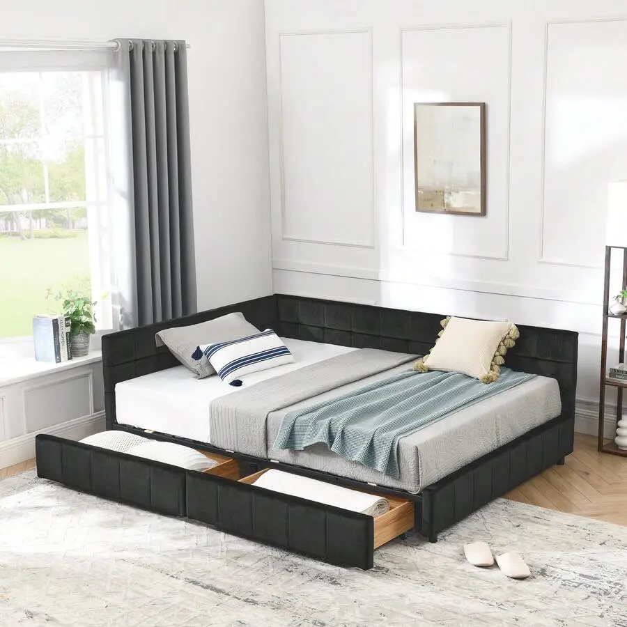Full L-Shape Corner Bed Frame With Two Drawers, Velvet Upholstered Tufted Daybed With Slat, Floor Platform Bed With Soft Headboard Bedroom Nook, No Box Needed