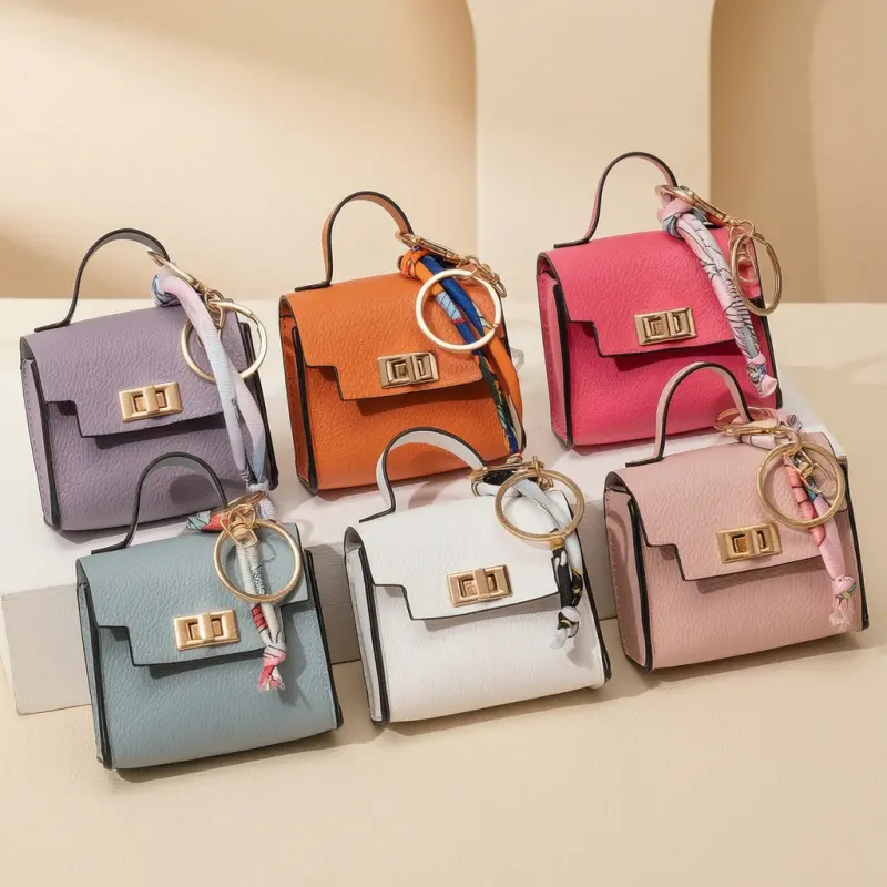 Mini Square Bag Pendant Keychain - High Quality Leather with Colorful Strap, Cute Car Keychain & Bag Charm Accessory, Mini Square Leather Bag Charm with Initial Keychain, Personalized Cute Pendant for Purse, Aesthetic Gift for Her
