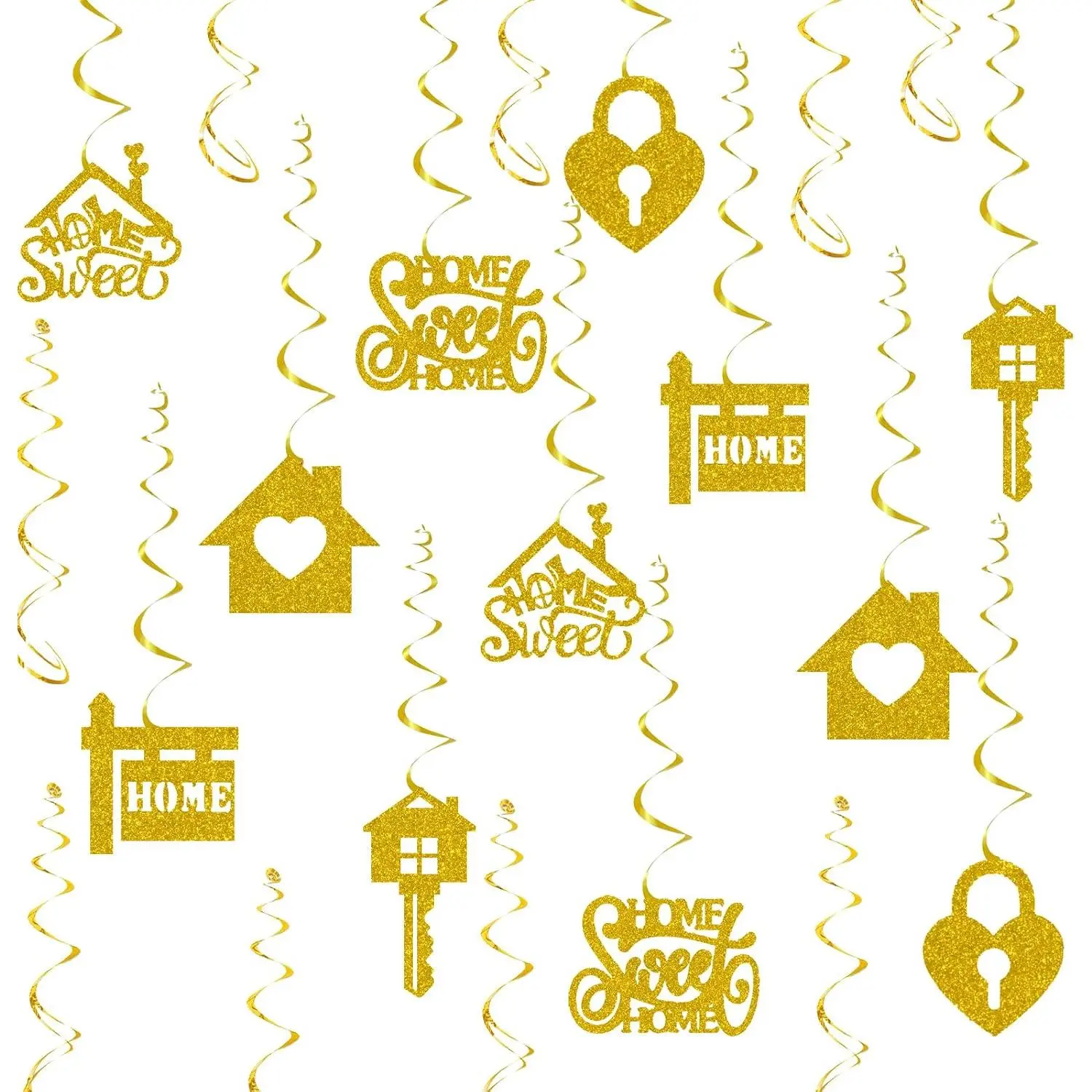 Metallic Foil Swirl Ceiling Decor - 18 Pieces Sweet Home Housewarming Party Supplies with Glitter Key House Accents for Birthday Parties