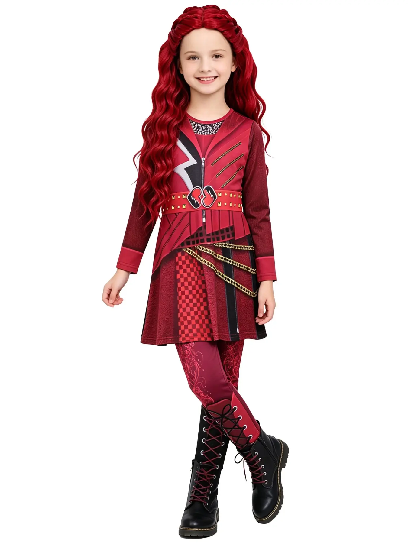 Red Back to School Queen Style Costume Set, Halloween Birthday Party, Pretend Play Costume, Includes Wig, Suitable for Ages 5-14, Cute Slim-Fitting Long Length