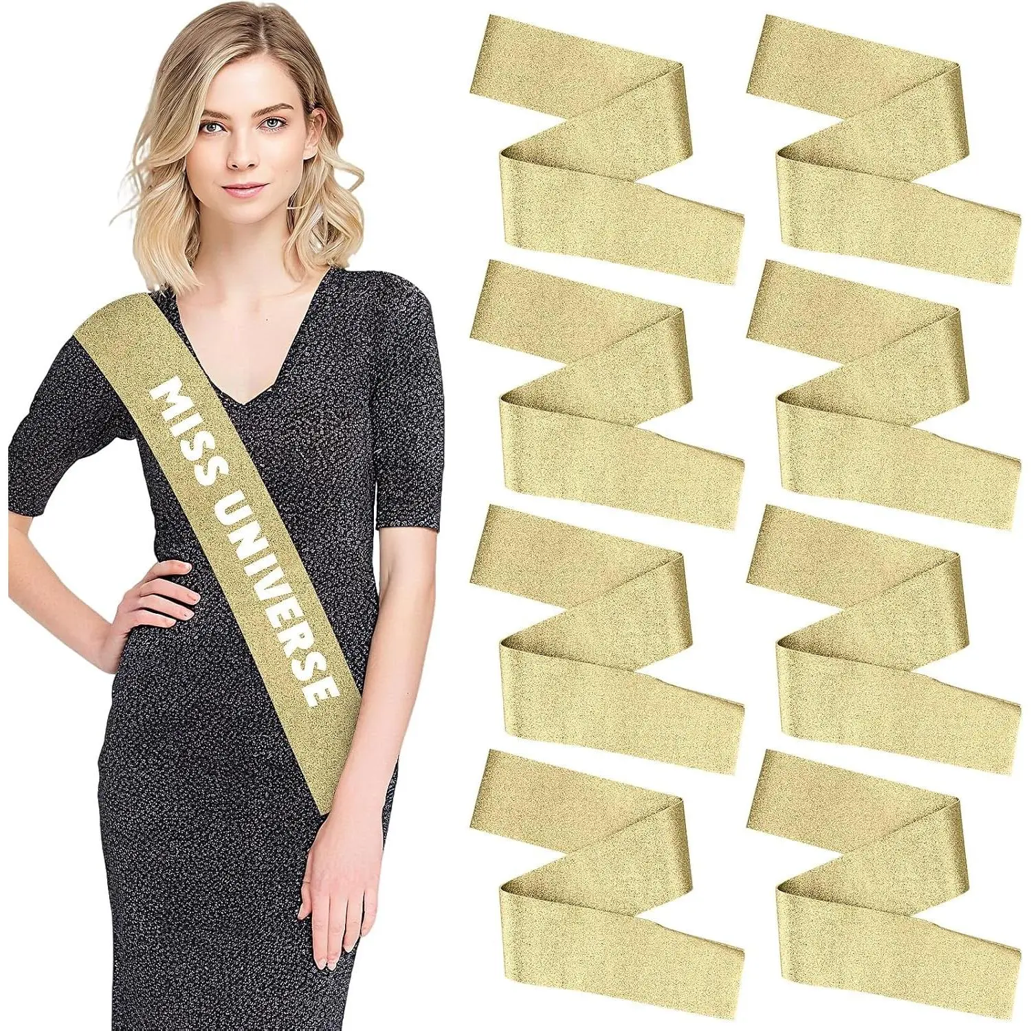 8Pcs Satin Glitter Gold Blank Sashes for Pageants 2026 Senior Sash for Beauty Pageant
