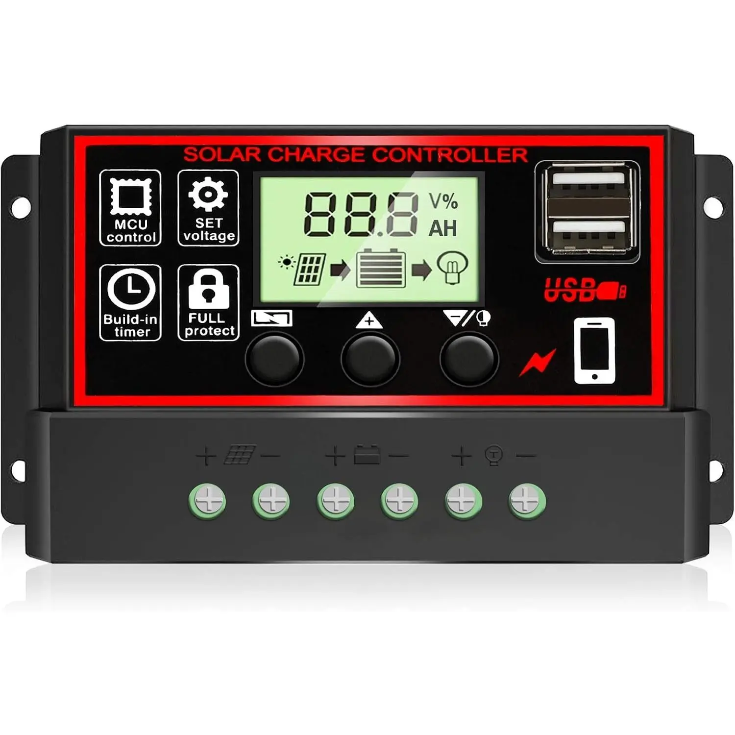 30A Solar Charge Controller, Black Solar Panel Battery Intelligent Regulator with Dual USB Port 12V/24V PWM Auto Parameter Adjustable LCD Display