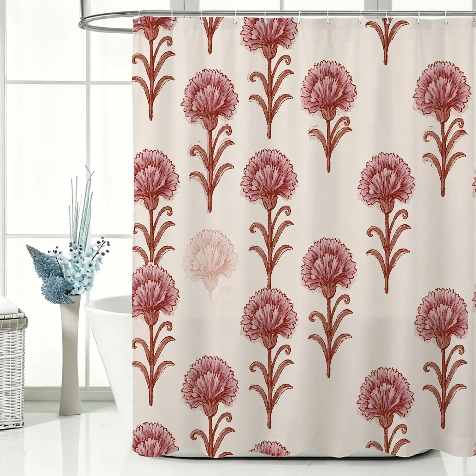 Vintage Pink Carnation Floral Waterproof Shower Curtain, Easy to Install, Perfect for Home, Hotel & Dorm Bathroom Decor