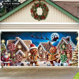 1pc 2D FLAT Large Gingerbread House Garage Door Decoration with Gingerbread for Man & Peppermint Candy Cane Cutouts - Outdoor Christmas Banner, - Easy to Install Festive Backdrops & Banners