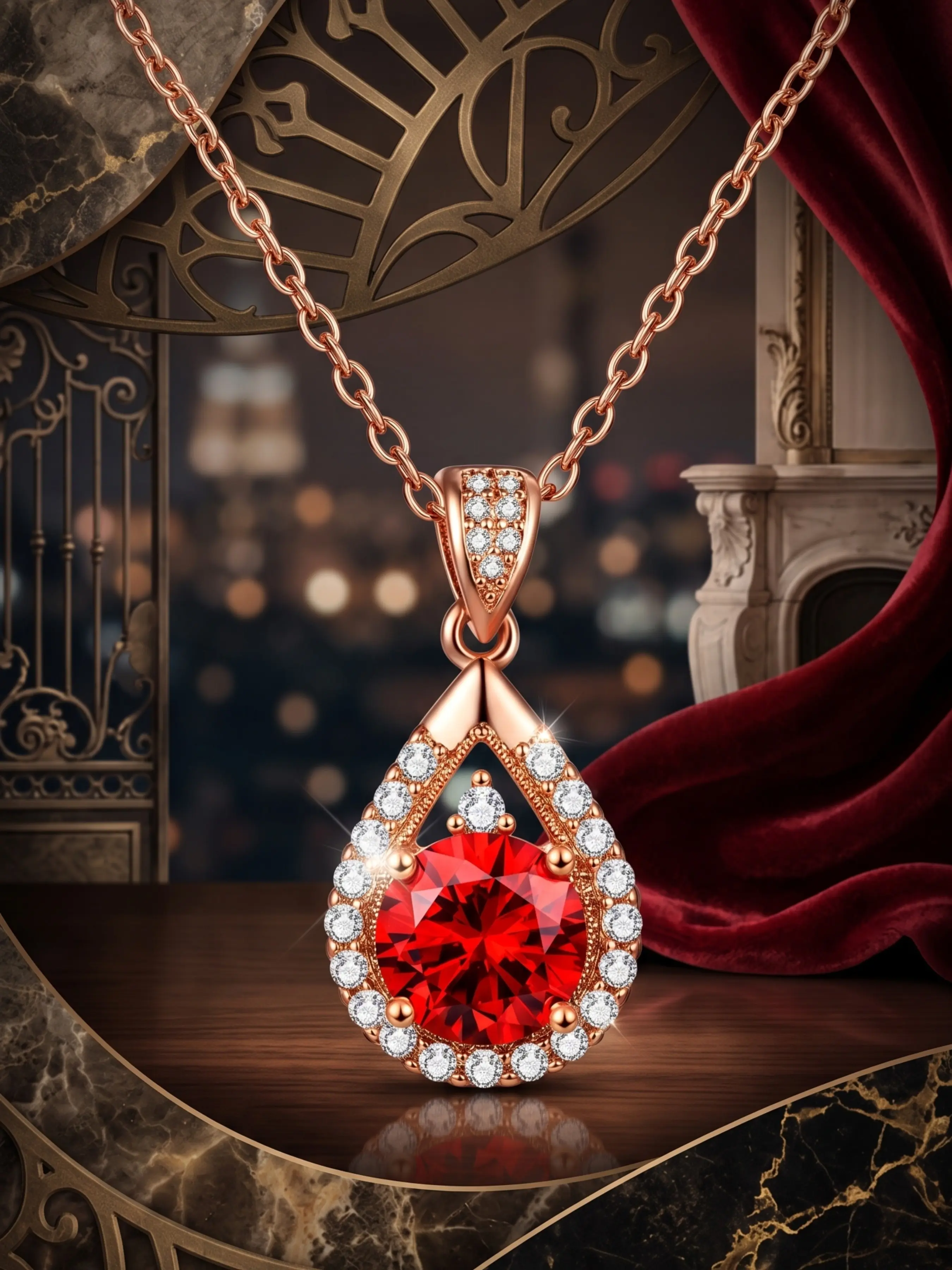 Single Round Heart Ruby Teardrop Pendant Necklace, European Vintage Jewelry, Sparkling Ruby, Fine Chain, Birthday Gift for Girlfriend