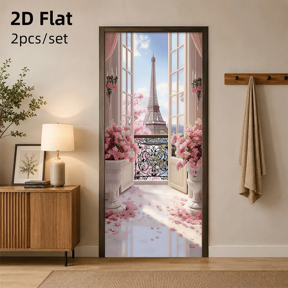 1pc Romantic French Paris Eiffel Tower Door Sticker with Pink Cherry Blossom Balcony View, Self-Adhesive Removable Decor, 2D Flat