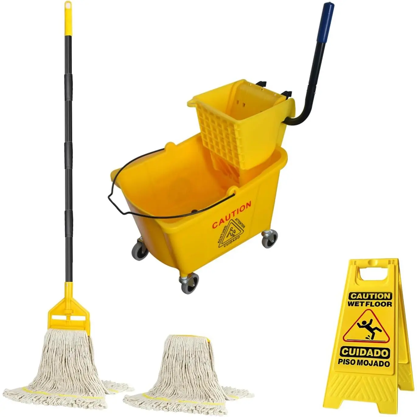 Commercial Mop Bucket with 2 Mop Heads and Caution Sign, 38 Quart