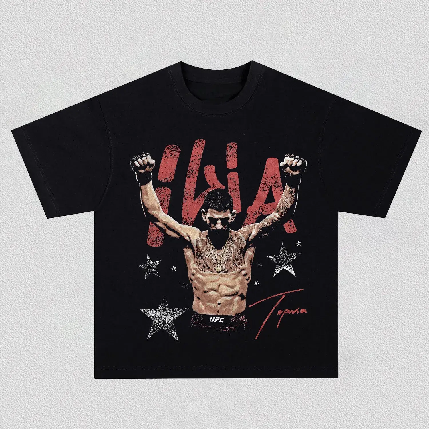 Vintage Bootleg Ilia Topuria Victory Portrait Tee, Red Distressed Letter Star Signature Graphic Print, Heavyweight Boxy Oversized Unisex Black Cotton T-Shirt, UFC Fighter Hip Hop Streetwear Fan Outfit