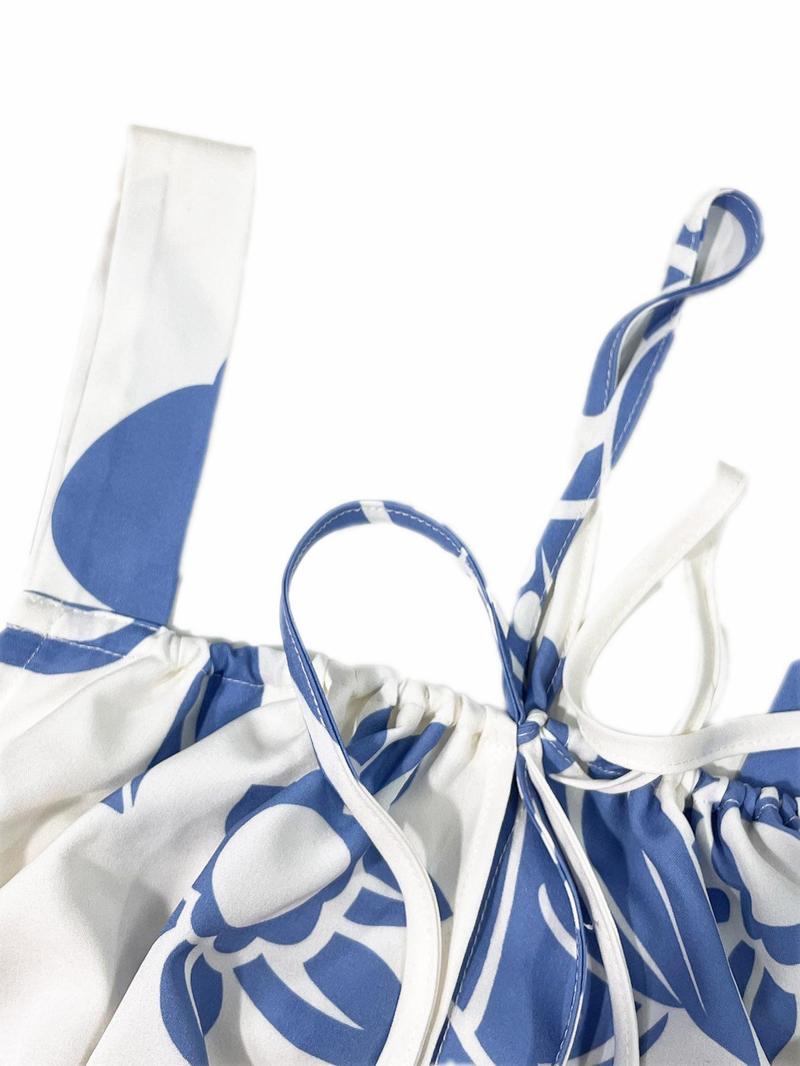 Elegant Women's Floral Print Wide Strap Dress, Backless Ruched Design, Sleeveless Long Dress for Vacation