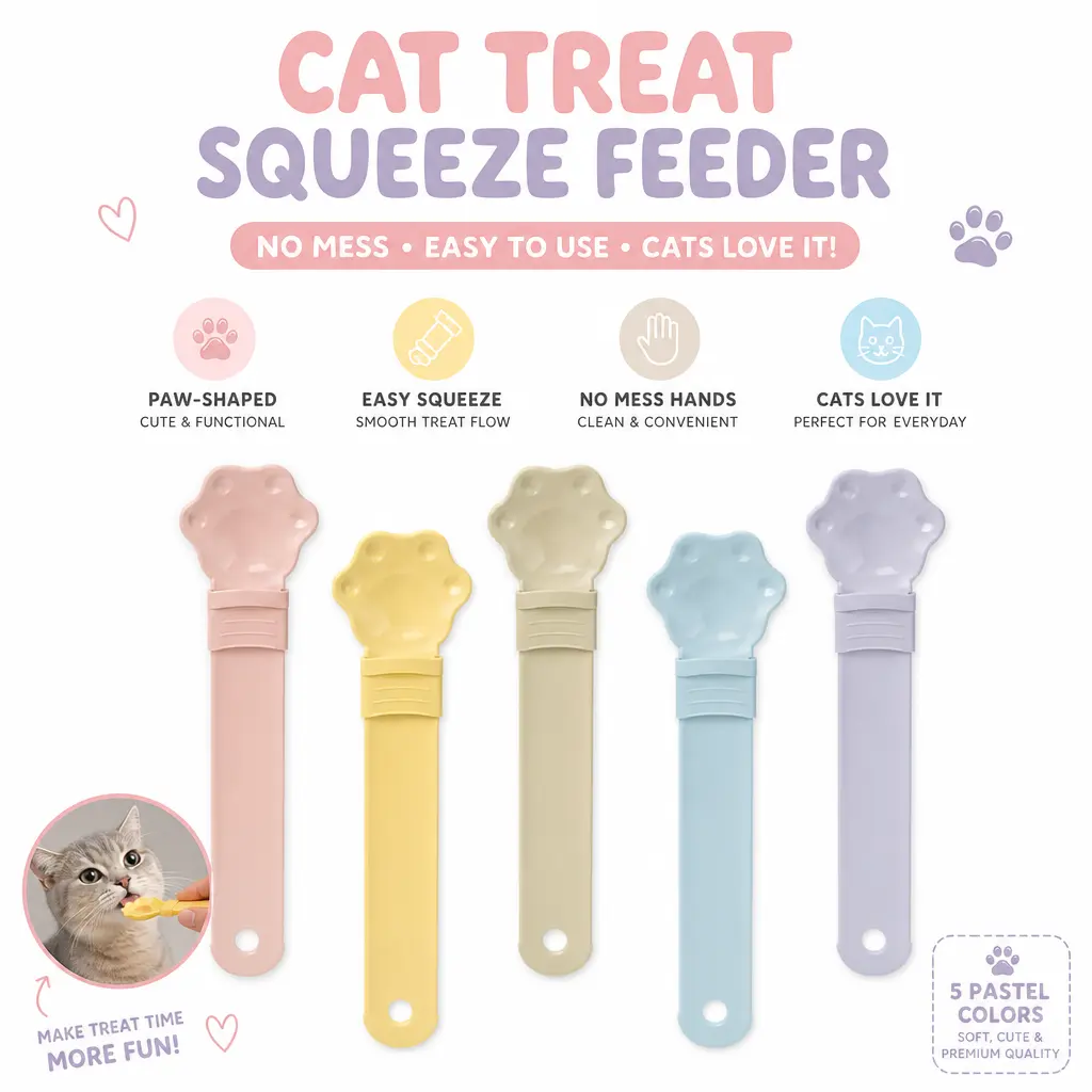 Cat Treat Squeeze Feeder Tool - Mess-Free Cat Snack Spoon with Extra-Long Handle, Clean Hands Design, Snack Delivery Function, Compatible with Feeding Trays