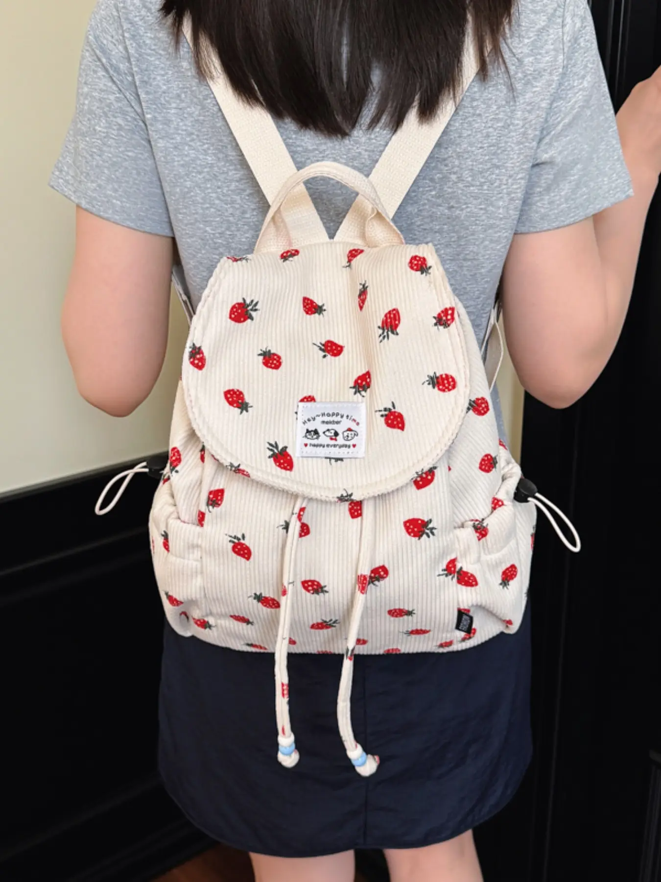 Adorable Strawberry Corduroy Drawstring Backpack, High-Style Student Bag, Retro Casual Daily Backpack, Lightweight Durable Small Fashion Backpack, Backpack For School