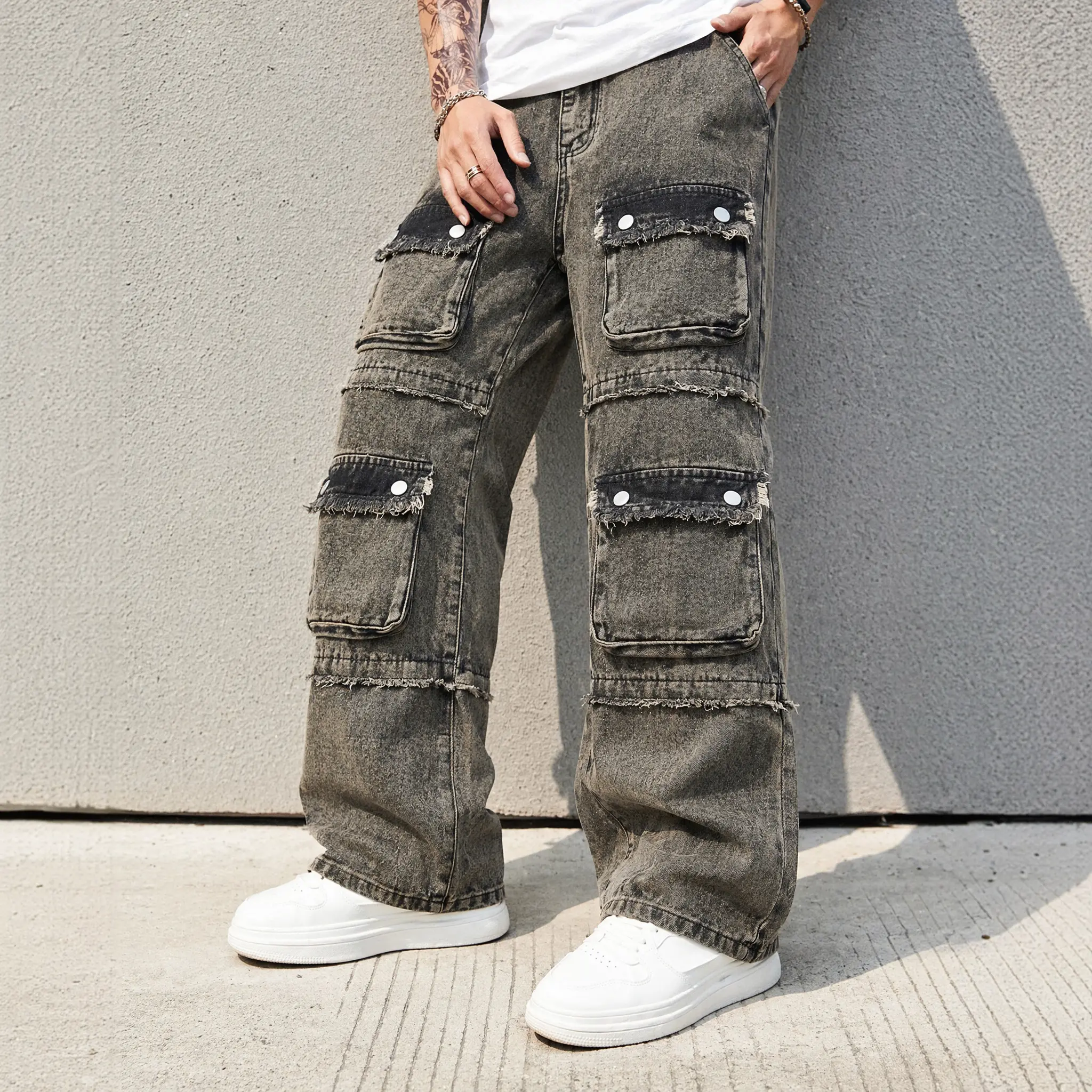 Unisex Y2K Baggy Cargo Jeans Vintage Washed Black Wide Leg Denim Pants Multi Pocket Utility Streetwear Hip Hop Fashion Distressed Raw Edge Casual Skater Trousers for Men Women Daily Wear