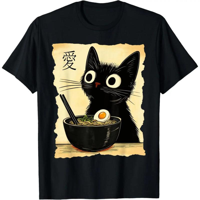 Funny Cat Ramen Graphic Tee Japanese Kawaii Anime Cat T-ShirtBlack Cotton T