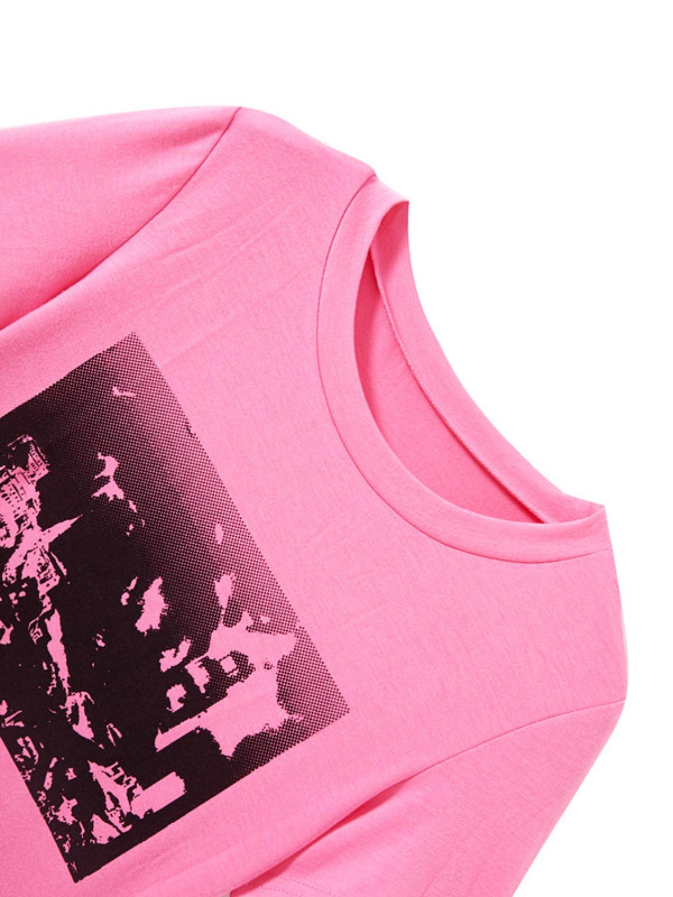 Women's Building Graphic Round Neck Crop Tee, Fashion Casual Crew Neck Short Sleeve T-shirt for Daily Everyday Outdoor Wear, Ladies Clothes Womenswear for All Seasons