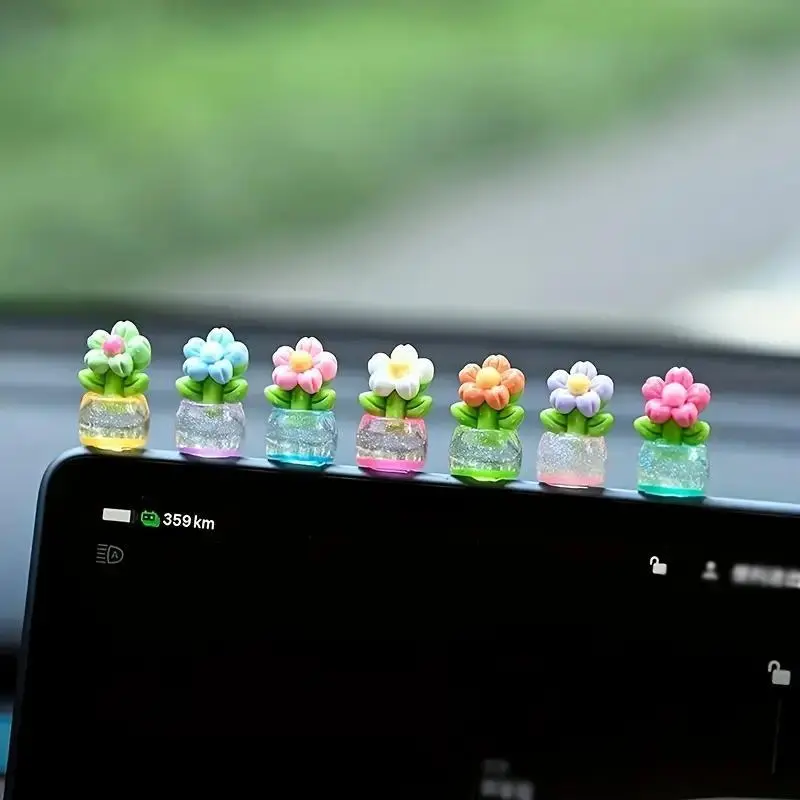 Cute Resin Flower Cars Accessories, 7-Piece Small Potted Plant Set with Clips for Dashboard, Air Vent, Rear View Mirror & Office Desk, Car Decorating, Resin Flower Car Decor