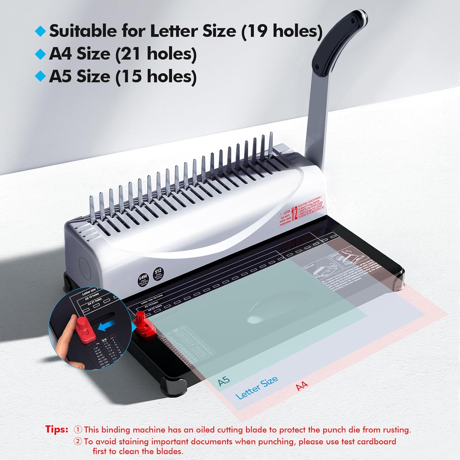 Binding Machine, 21-Hole, 450 Sheets, Comb Binding Machines with 1 Box Comb Bindings Spines, Comb Binder for Letter Size, A4, A5 Paper