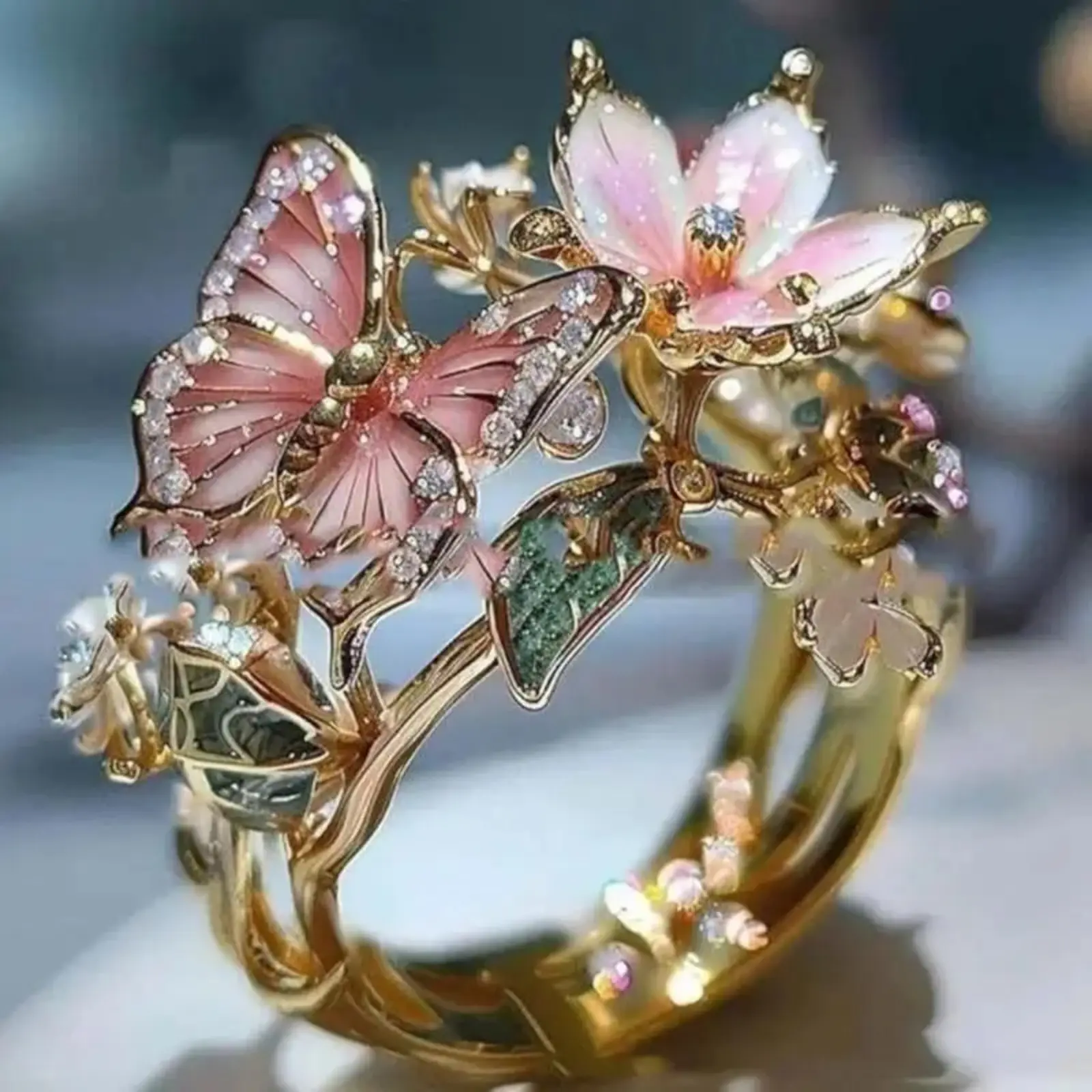 Open Adjustable Butterfly Drip Glaze Flower Ring, Trendy European American Fashion Finger Jewelry, Delicate Boutique Decorative Band Suitable For Daily Matching & Romantic Engagement Styling