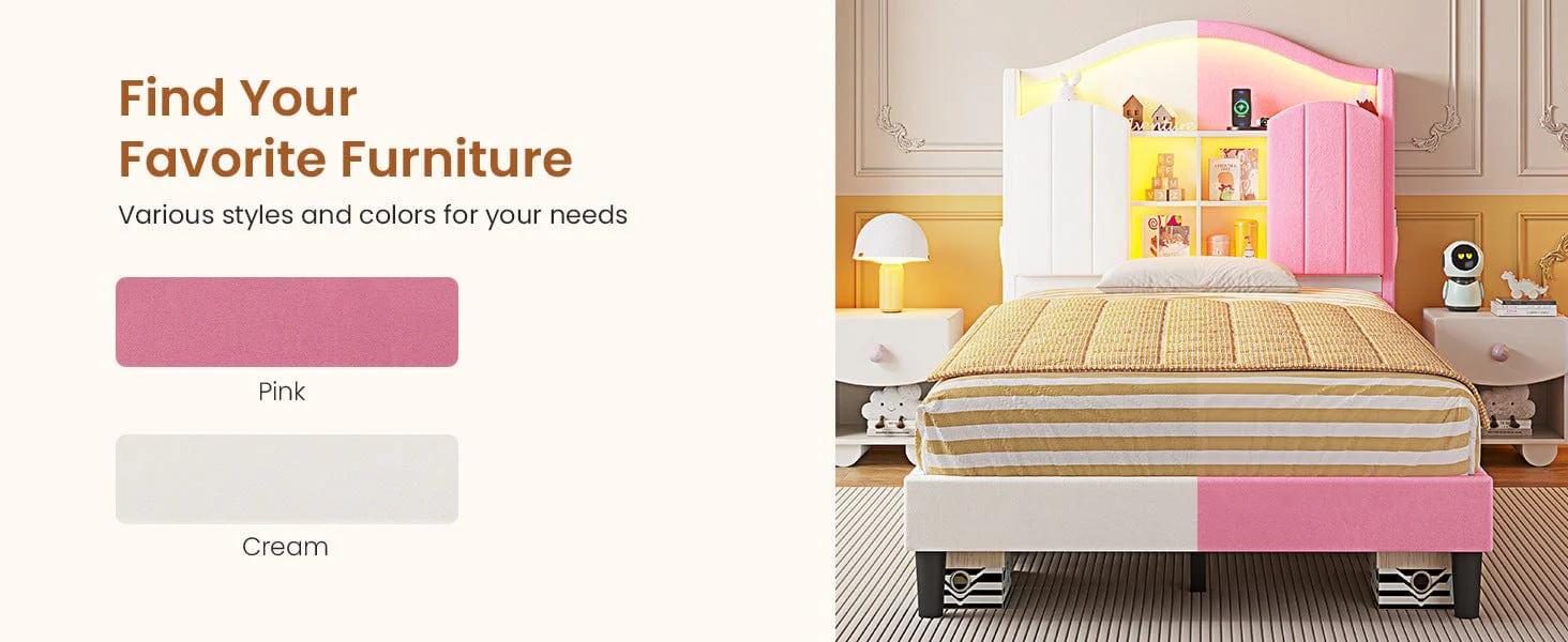 Sikaic Twin Size LED Bed Frame with Charging Station & Storage Headboard Pink Royal Velvet Princess-Inspired Luxury Sikaic Twin Size LED Bed Frame with Charging Station & Storage Headboard Pink Royal Velvet Princess-Inspired Luxury