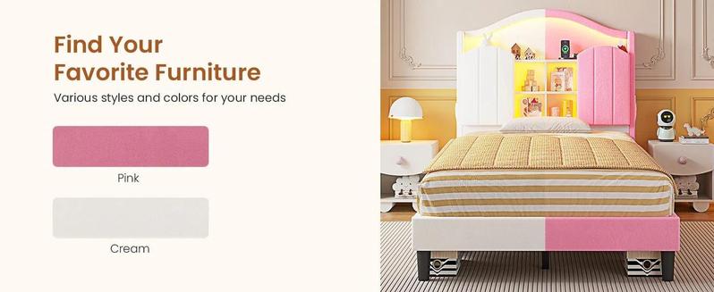 Sikaic Twin Size LED Bed Frame with Charging Station & Storage Headboard Pink Royal Velvet Princess-Inspired Luxury