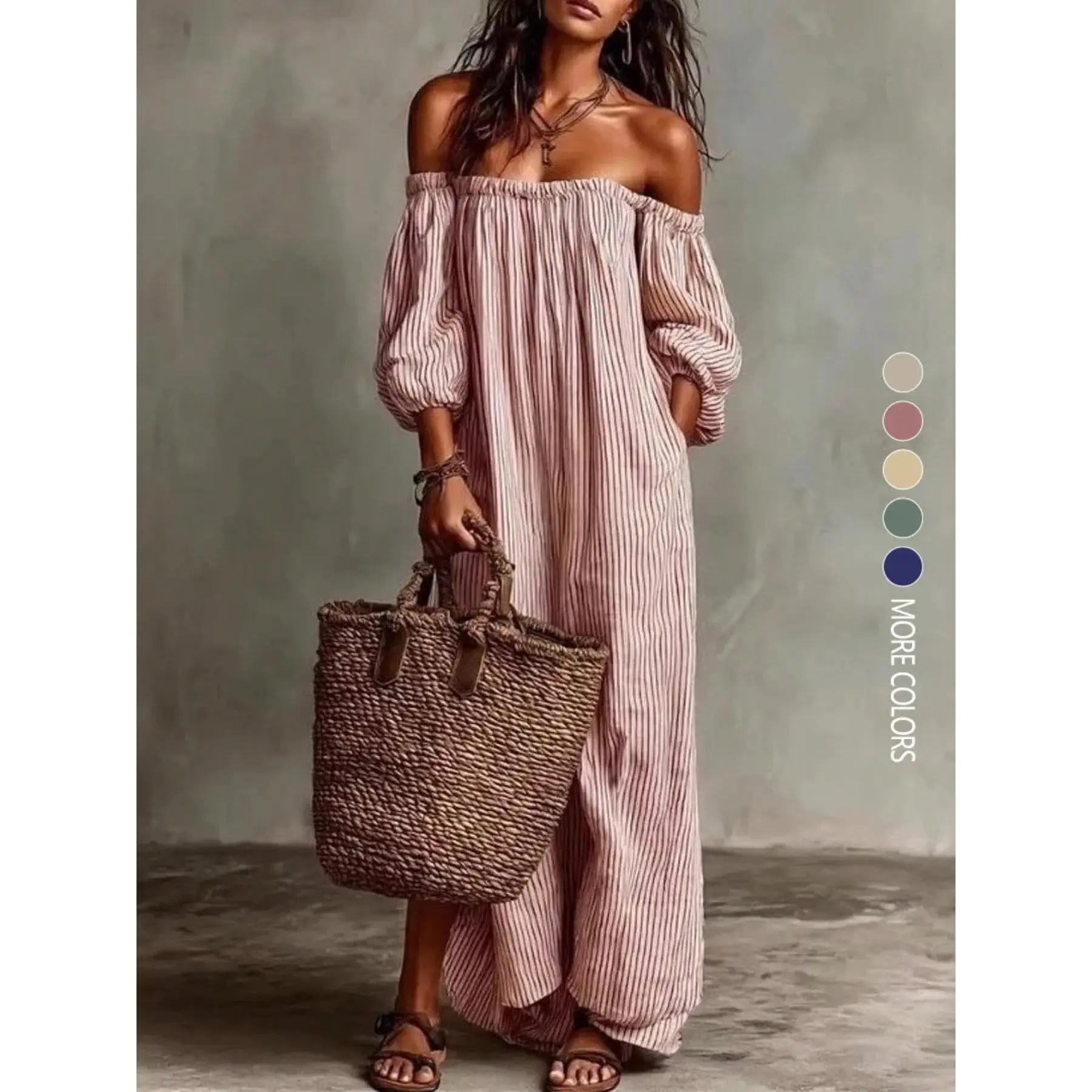 Women’s Elegant Off Shoulder Striped Dress, Loose Fit Casual Summer Dress, Chic Vacation and Everyday Outfit