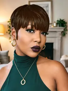 Short Straight Pixie Wig with Bangs Brazilian Human Hair Machine Made Natural Black 99J Burgundy Brown for Women Bone Straight Wig