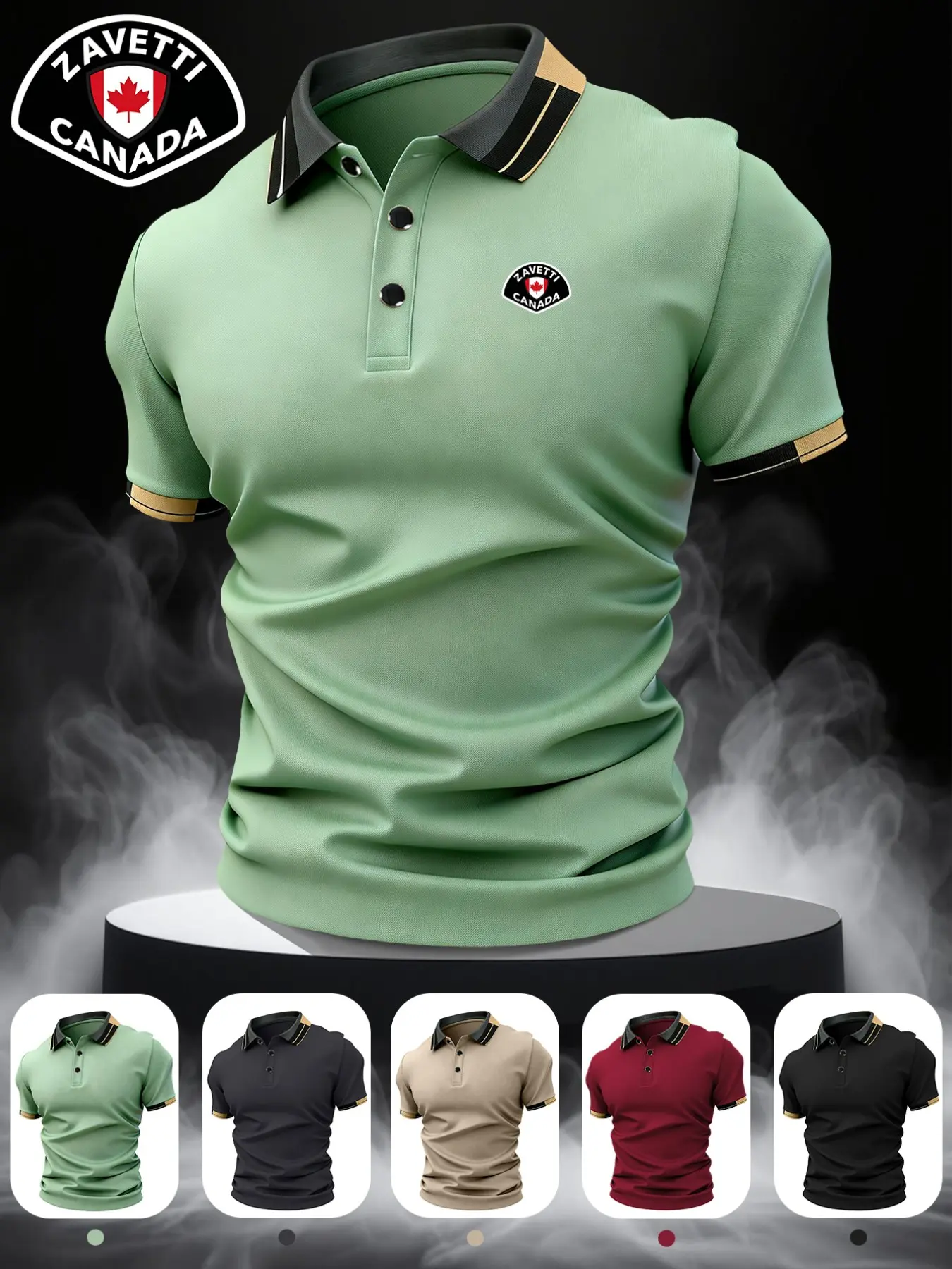 New men's casual short-sleeved top, fashionable quick-dry breathable fabric golf polo shirt, Zavetti Canada printed pattern, comfortable for all seasons, for layering or wearing alone, business office, indoor and outdoor sports, and daily wear.