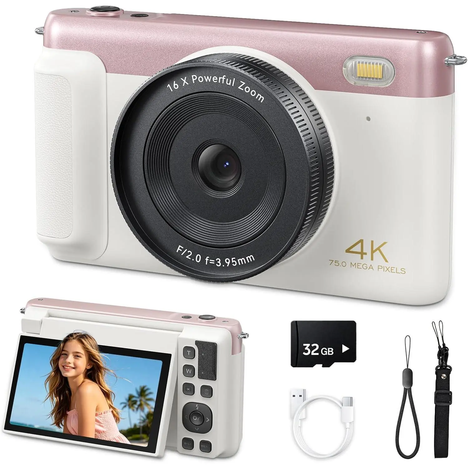 Digital Camera for Teens, 2026  4K 75MP Autofocus WiFi Vlogging Camera with 3''180° Flip Screen, 16X Zoom, 32GB TF Card, Portable Compact Cameras for  Teens Beginner (White)