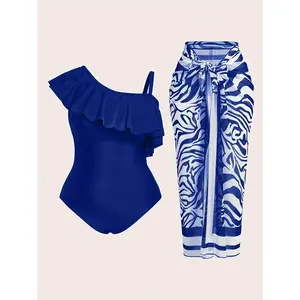 Plus Size Asymmetric Ruffle Two-Piece Swimsuit Set Form-fitting one-piece swimsuit with an off-shoulder ruffle detail, complemented by a sheer zebra-patterned sarong wrap skirt Summer Vibes