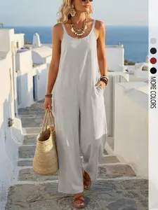 Women's casual solid color backless suspender jumpsuit, suitable for daily commutes and vacations.