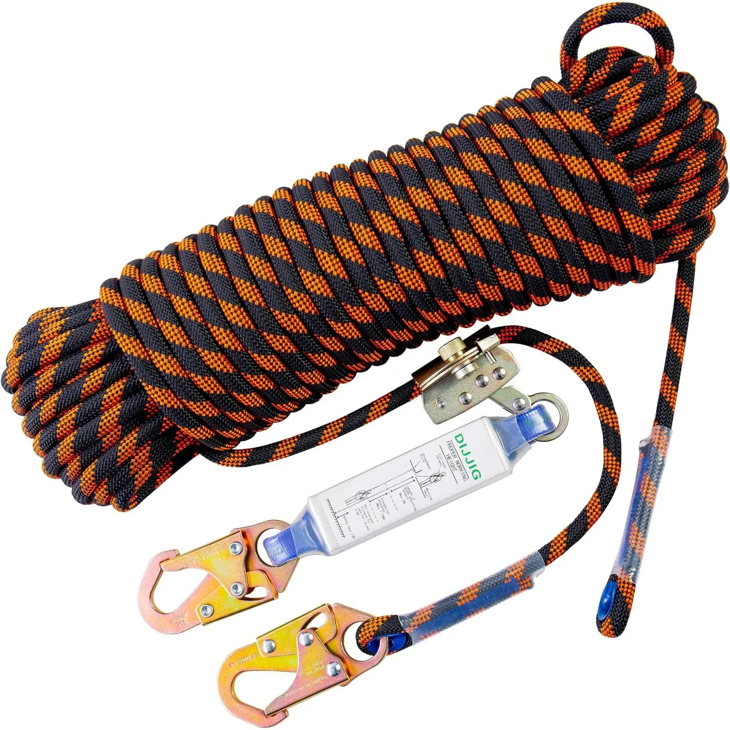 50ft Vertical Roofing Safety Rope Harness Lanyard Kit with Grab Snap, Shock Fall Protection, ANSI CE Certified Climbing & Roof Safety Equipment