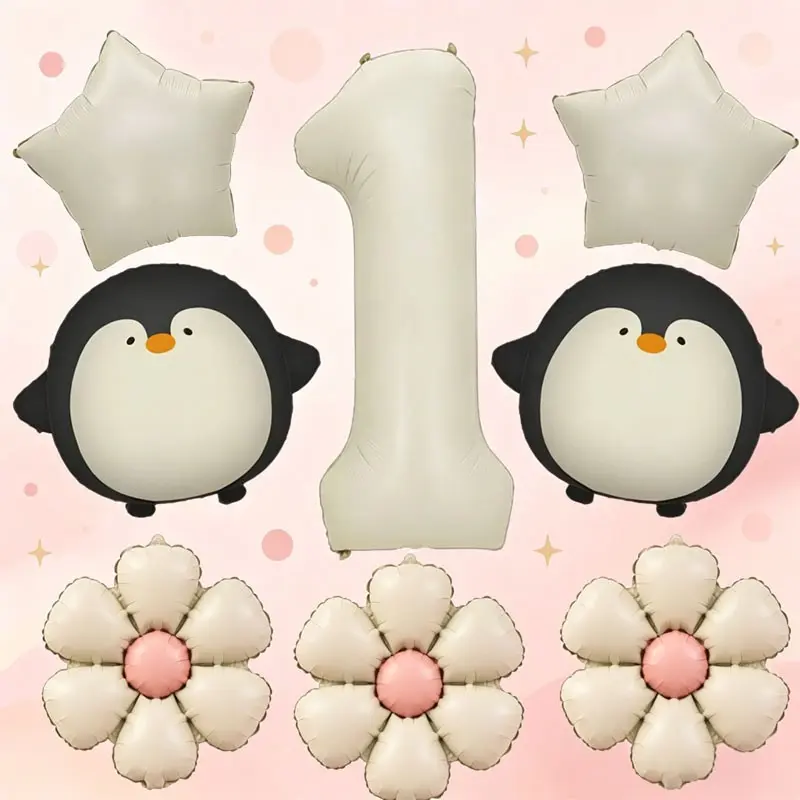 10 pieces Penguin Theme Birthday Balloon Set, 32 Inch Cream Color Number Balloons, Penguin Daisy Star Aluminum Foil, Ideal for birthday parties, baby baptisms, ocean-themed birthday celebrations, kindergarten event decorations，Festival celebrations