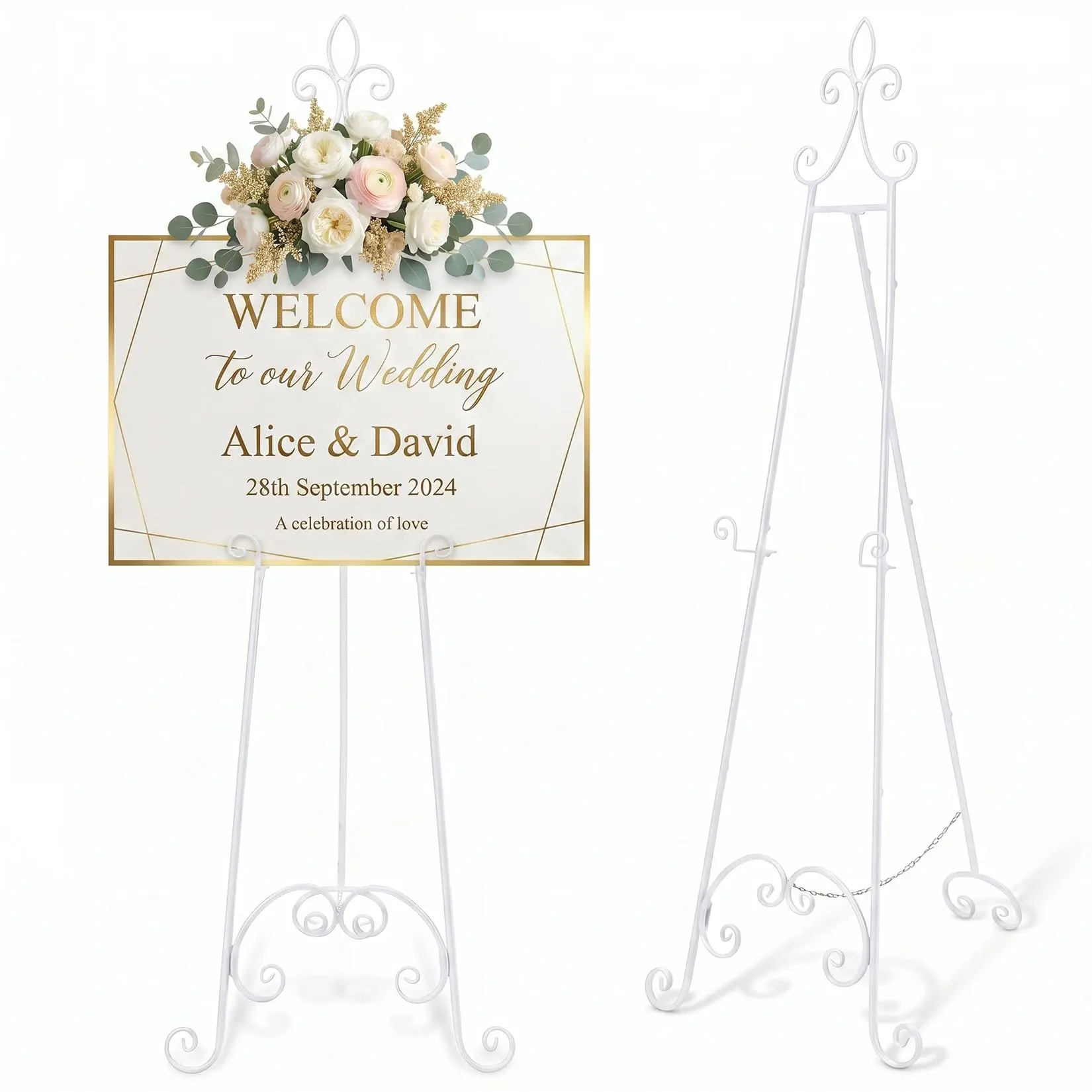 63 Inch Adjustable Metal Easel Stand Available in White and Black, Ideal for Displaying Wedding Welcome Signs, Canvas, Posters, and Artwork, Floor Easel Measuring 17.7"×63"