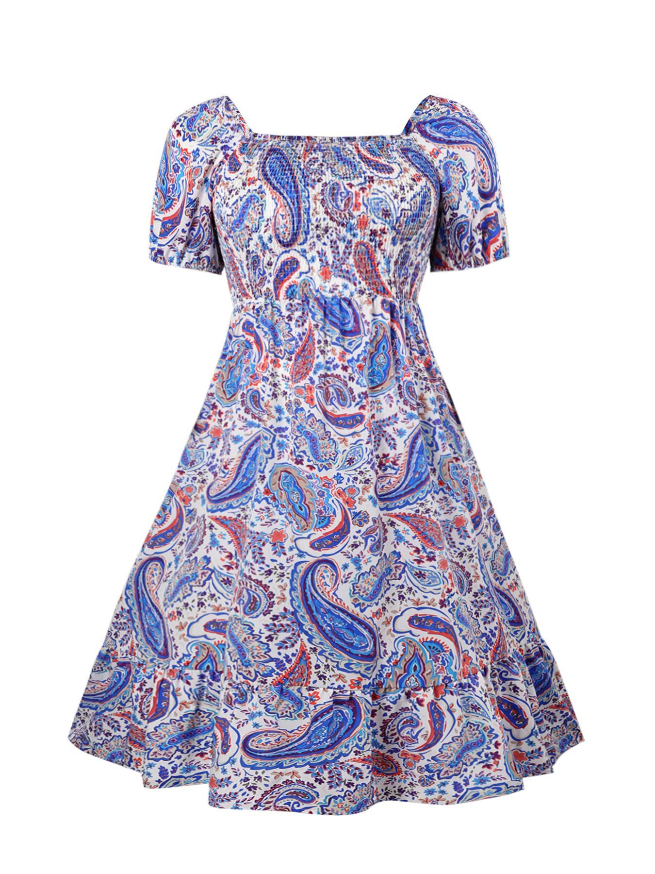 【Plus Size】 Frenchy Style Ditsy Floral Print Puff Sleeve A Line Maxi Dress, Square Neck Shirred Dress, Dresses for Women, Women's Clothes for Summer, Casual Wear