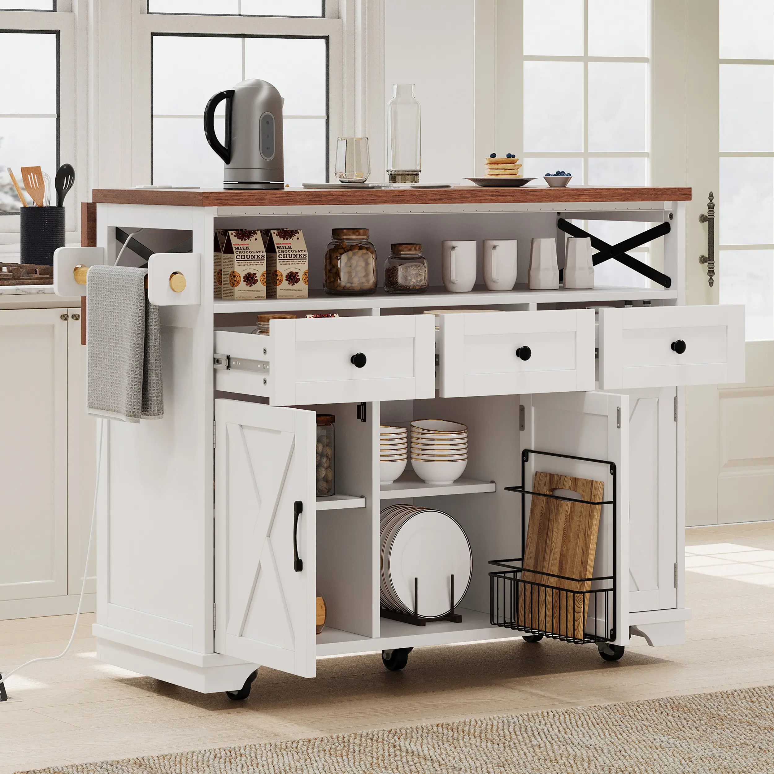 ARCH Farmhouse Rolling Kitchen Island on Wheels - 46.5 in White Indoor Cabinet with Power Outlet, Drop Leaf, 3 Doors, 3 Drawers, Internal Iron Shelf, Bead Drape for Kitchen, Dining Room Home Furniture, A Kitchen Island