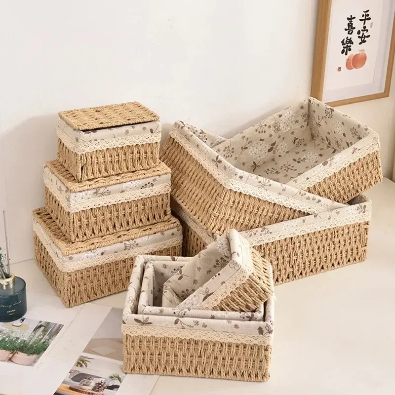 Multi-Purpose Storage Basket Imitation Rattan Desktop Sundries Organizer Cosmetics Snack Basket Home Decoration