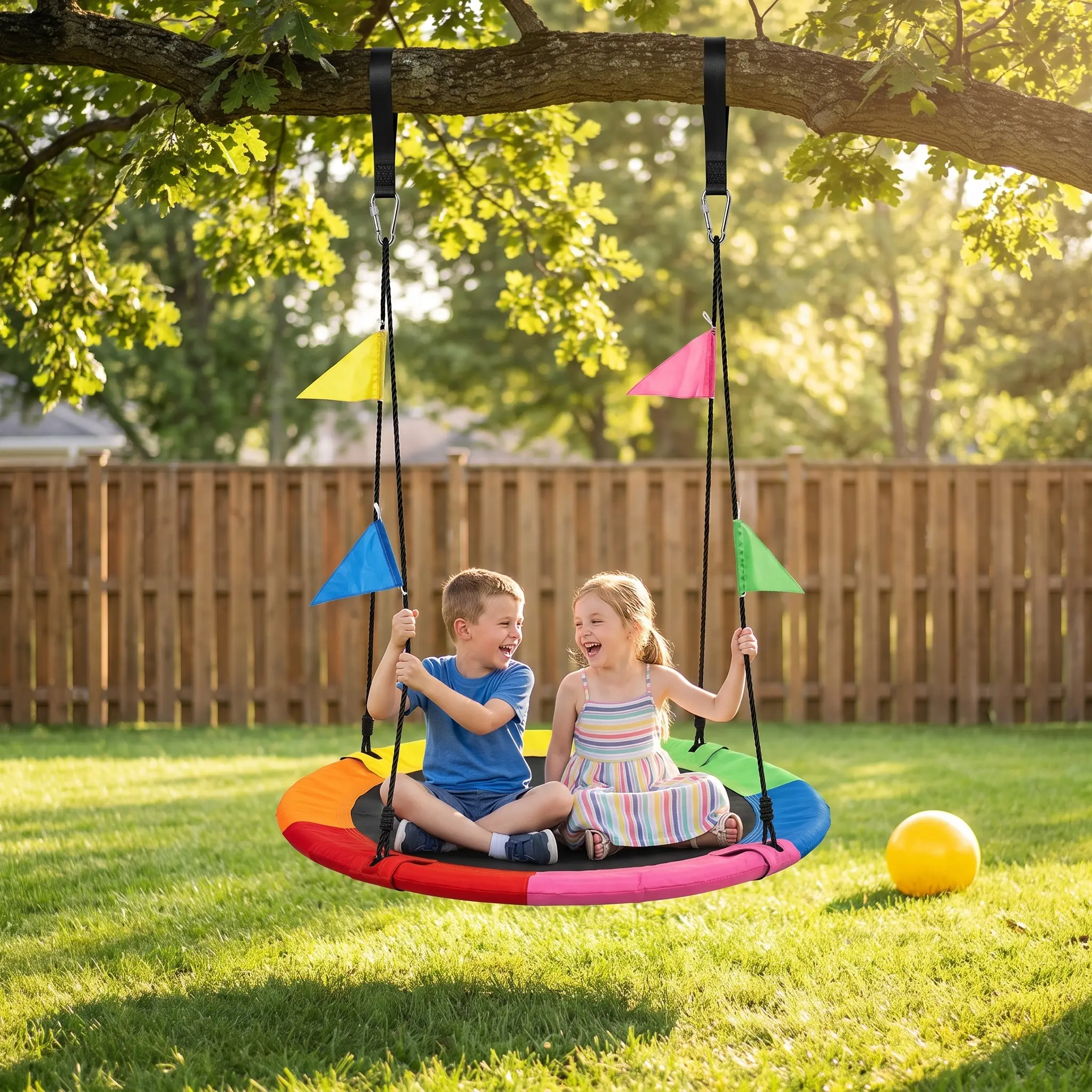 Unisex 40-in Diameter Rainbow Metal Saucer Swing - Galvanized Steel Sports Playground Equipment, Waterproof, 360° Rotation, 600 lbs Capacity (2 Adults), CPC Safety-Certified, No Tools Required, Backyard Gym Accessory