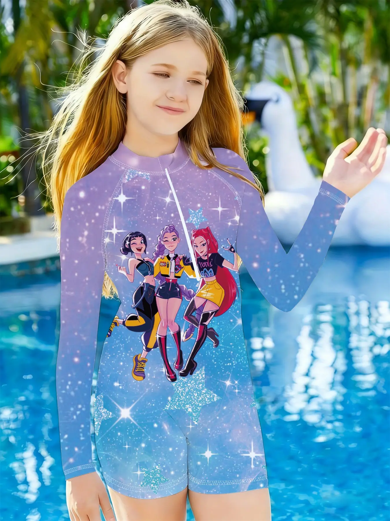 Girls' Long Sleeve Romper, Quick-Dry Swimwear, Toddler Girls Swimsuit, Blue Starlight Cartoon Print, Beach Resort Swimsuit for Summer