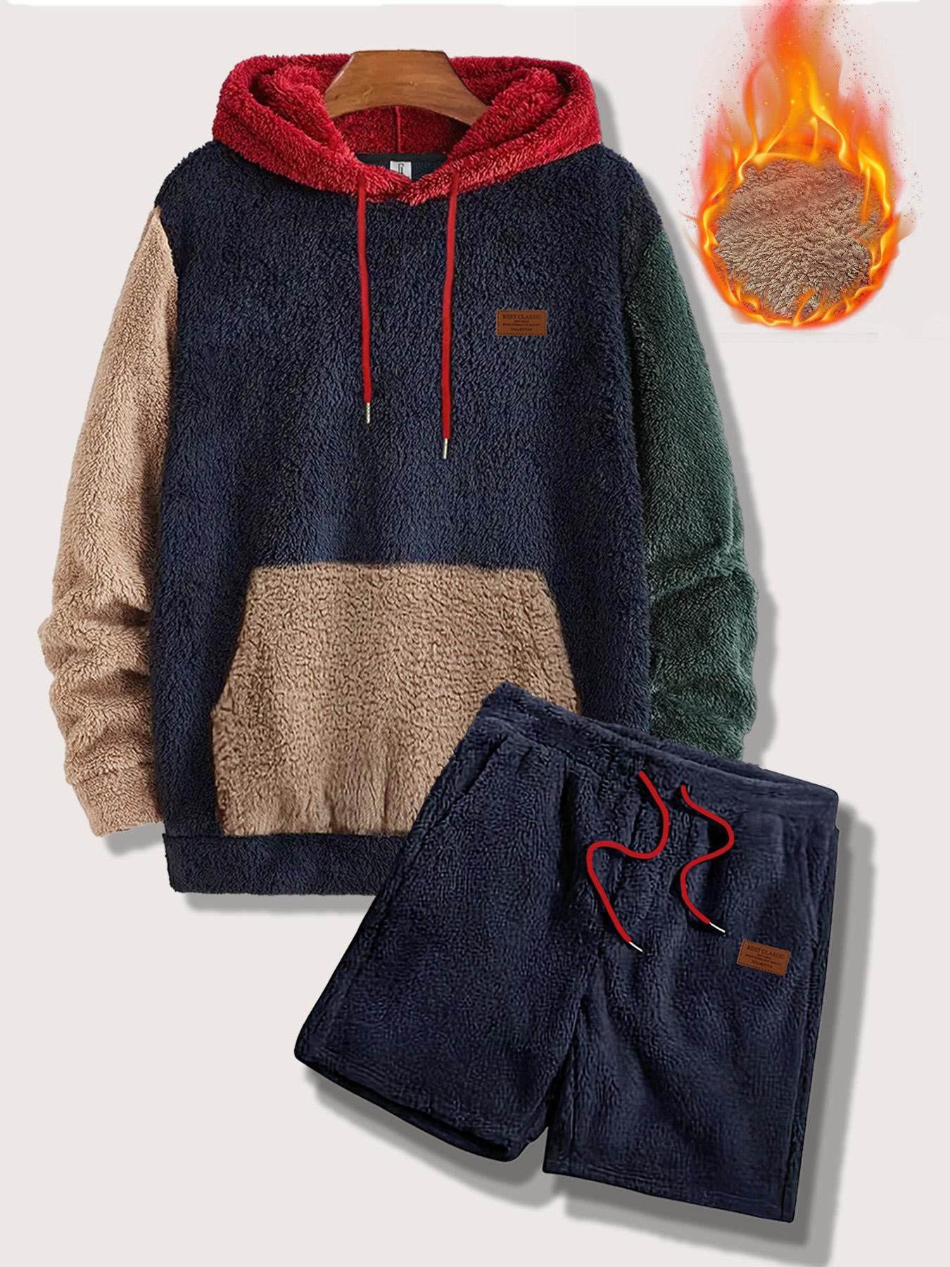 Men's Grey Drawstring Knit Hoodie & Pocket Shorts Plush Set, Regular Fit Casual Long Sleeve Hooded Sweatshirt & Shorts, Men's Fall & Winter Clothes