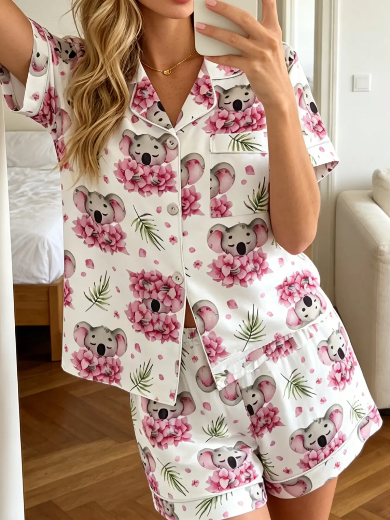 Women's Pajamas, Pyjamas Set 2026 New Summer White Cute Koala Print Floral Contrast Piping Short Sleeve Lapel Button Front Shorts Lightweight Breathable Soft Skin-Friendly Australian Animal Casual Daily Sleepwear for Women
