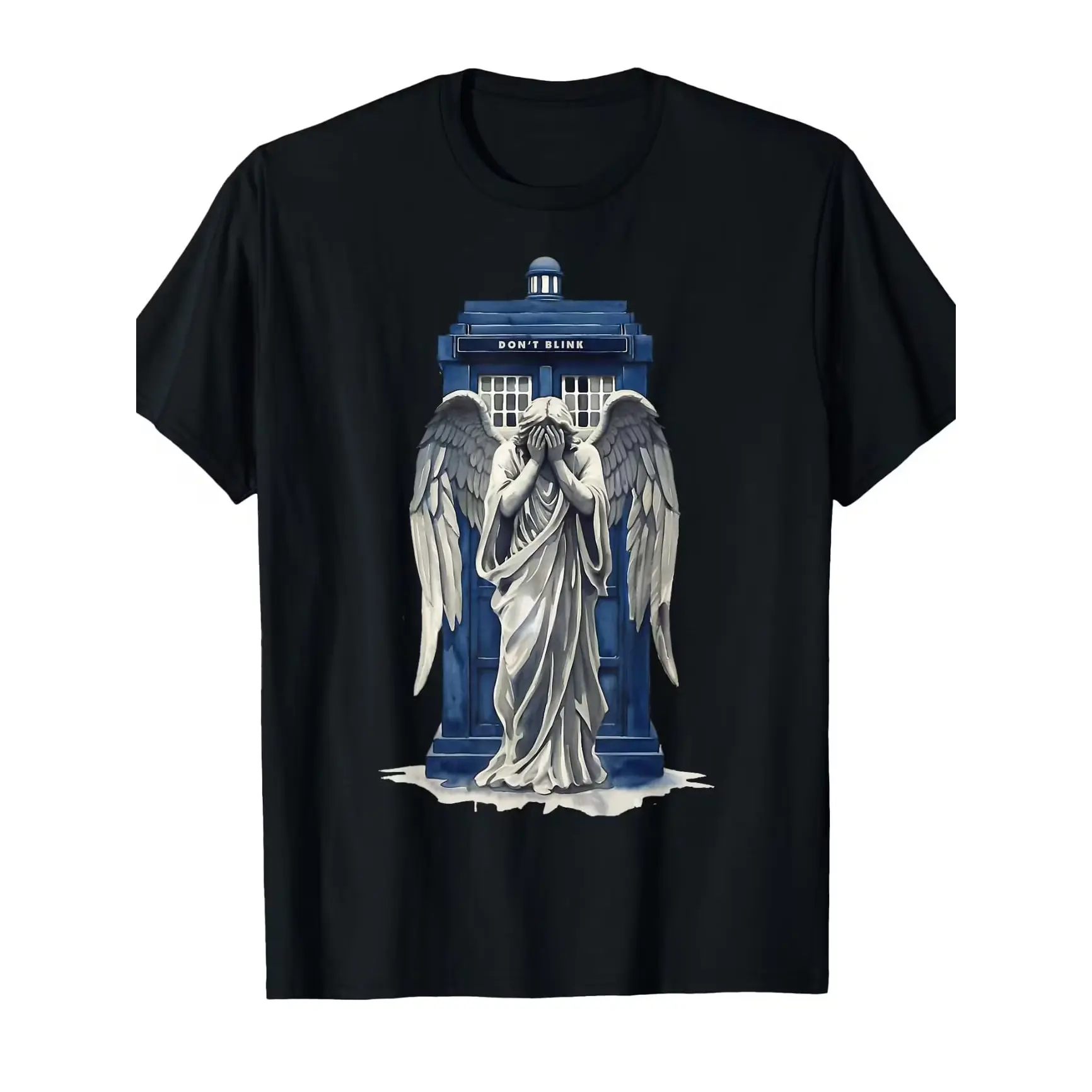 Men's Doctor Who Weeping Angel TARDIS Graphic Oversized Pure Cotton Black Top, Classic Breathable Short-Sleeve Crew Neck Casual Clothes, Perfect Valentine Gift for Sci-Fi Fandom Fans, Shortsleeve