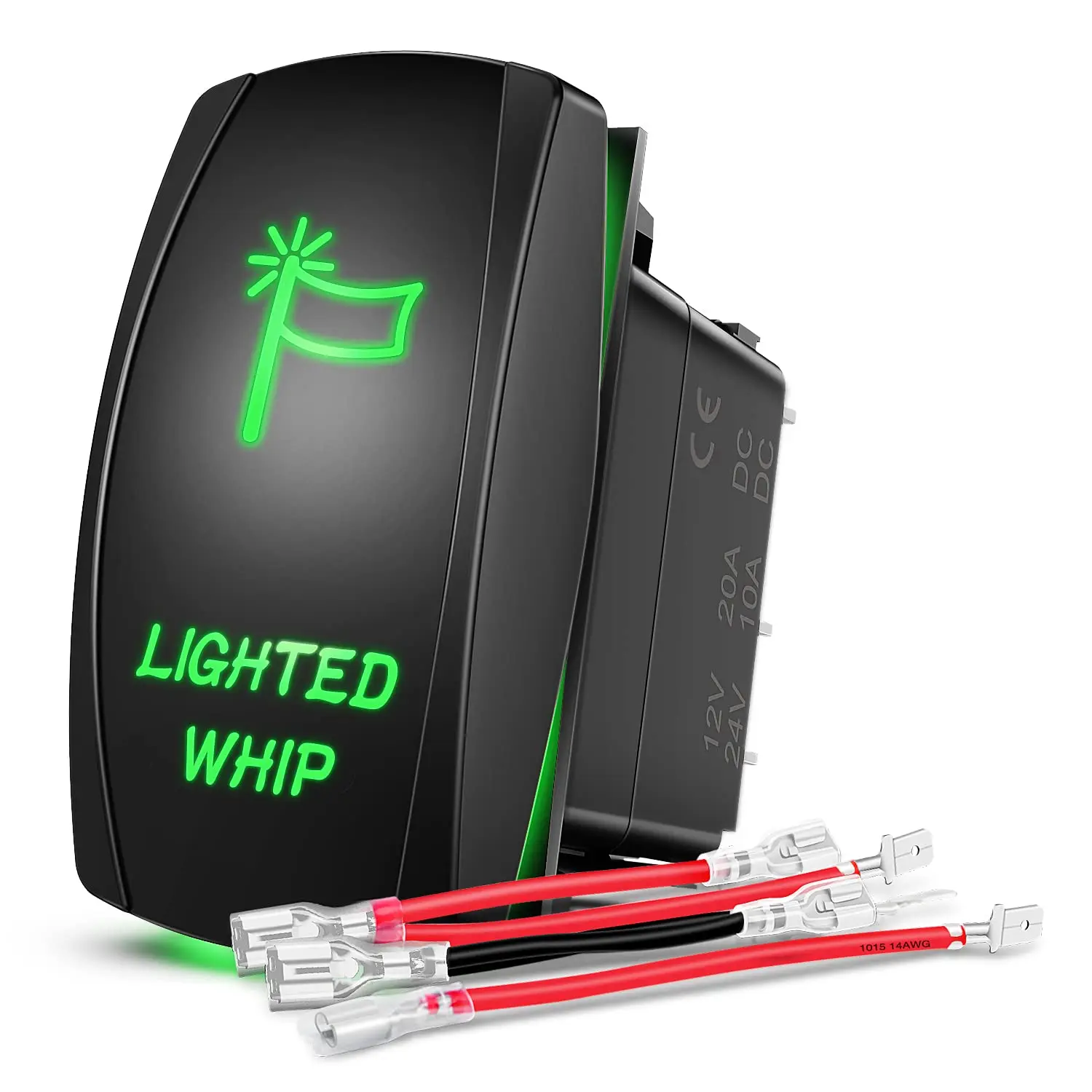Nilight Lighted Whip Rocker Switch Led Light Bar Switch 5Pin Laser On Off SPST switches 20A/12V 10A/24V Switch Green with Jumper Wires Set for Cars Trucks RVs