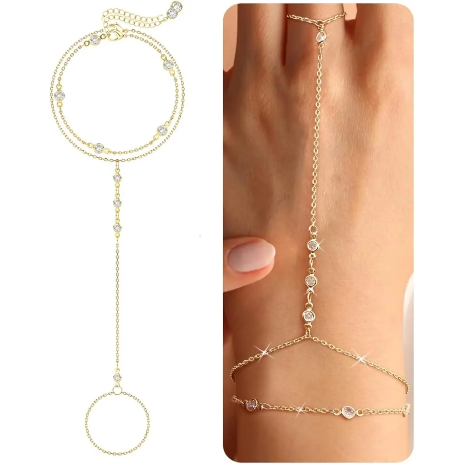 ORAZIO Hand Chain Bracelets for Women| Trendy 2 Piece Adjustable Finger Ring Bracelet Stack Dainty 14K Plated Gold CZ Layered Beaded Hand Chains Jewelry Gifts