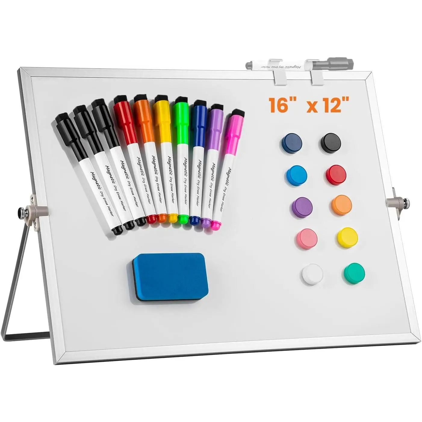 Dry Erase White Board,  16 x 12inch  Desktop Whiteboard with Stand,10 Markers, 10  and 1 Eraser, Portable Double-Sided White Board for  Drawing Memo to Do and List Wall-White