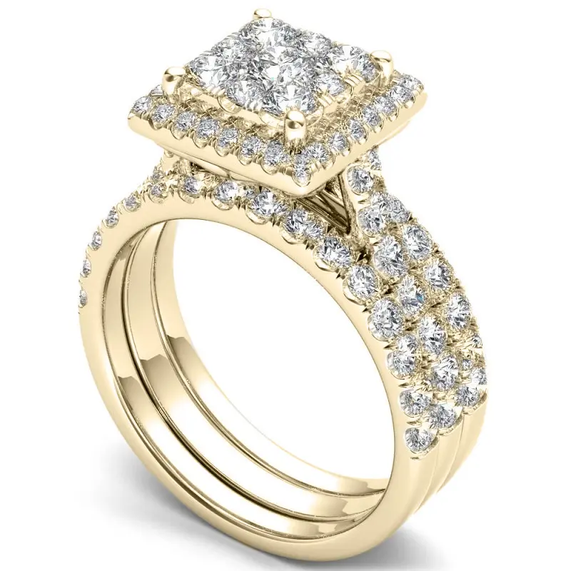 Glamorous Three-Way Stack Full Sparkle Square Halo Bridal Ring Kit, Ideal For Engagement Wedding Elopement Bridesmaid Anniversary Dinner & Luxury Romantic Sentimental Gifts for Her