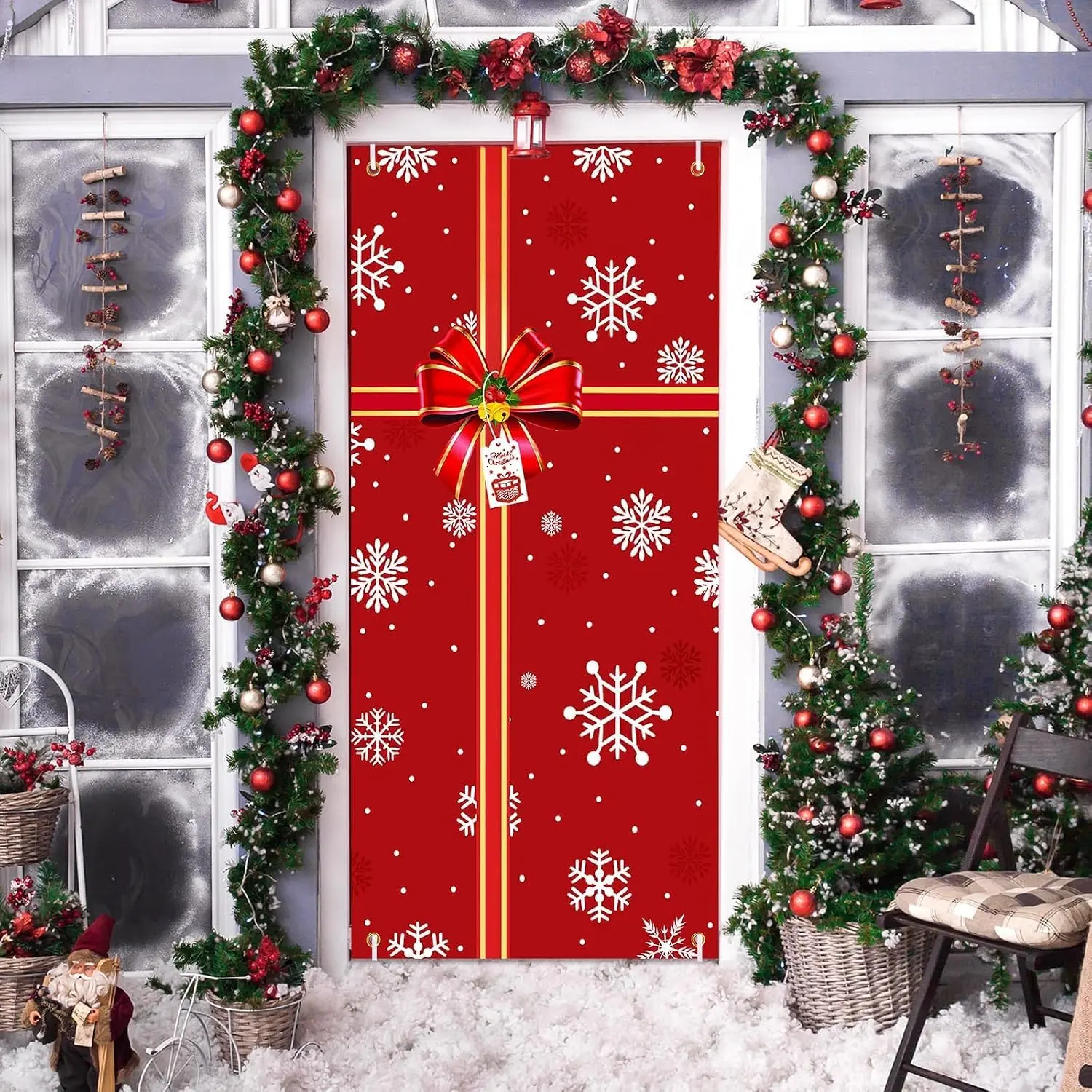 Christmas Door Cover Red  Box Present Door Cover Winter Snowflake Front Cover Sign Xmas Door Backdrop Decorations for Holiday  Year Indoor Outside Party Supplies, 71x35 In