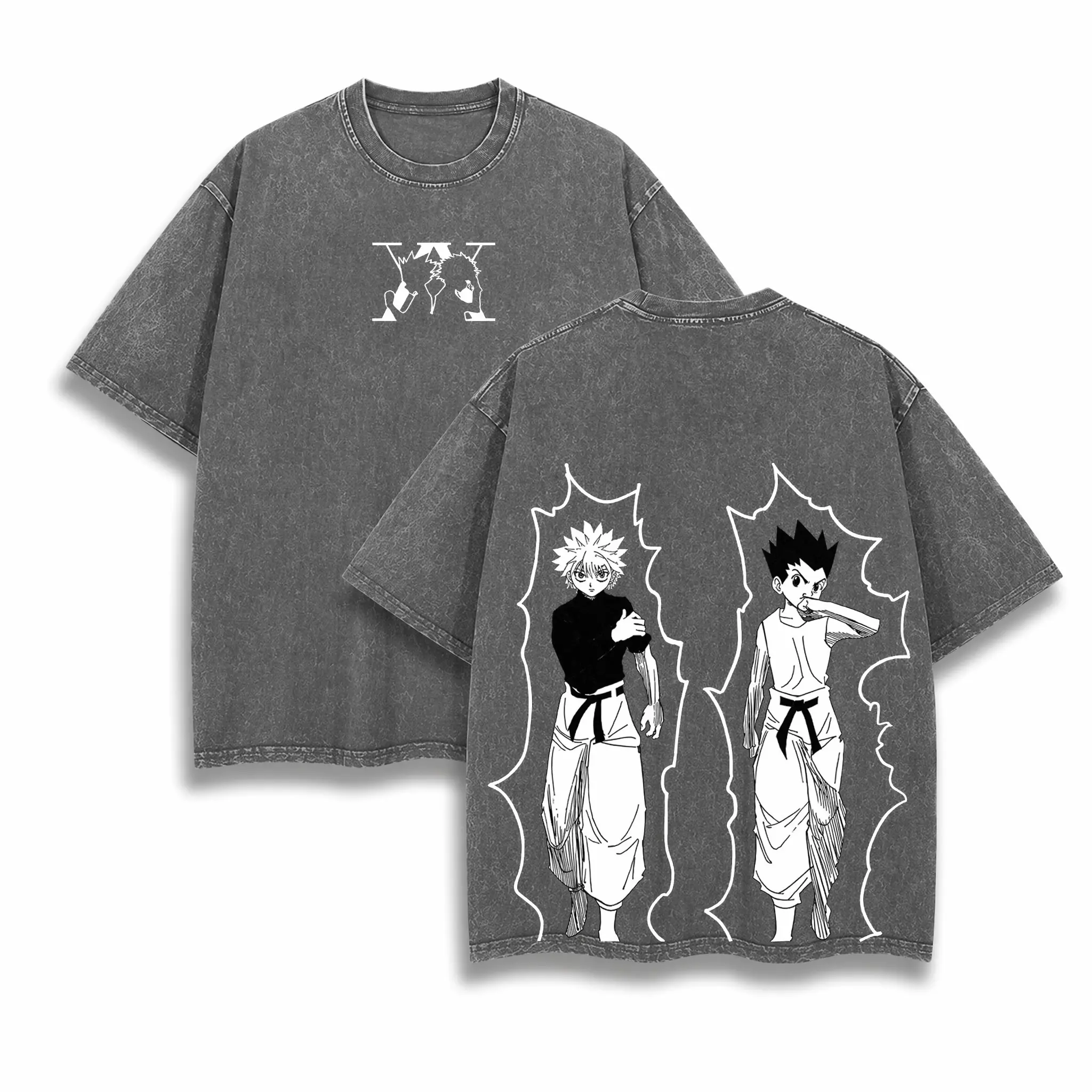 Washed Cotton T-Shirt for Men, Retro Anime Hunter X Hunter Gon Killua Graphic, Casual Distressed Short-Sleeve Streetwear Top, Tshirt, Shortsleeve, Anime Print, Casual Tee