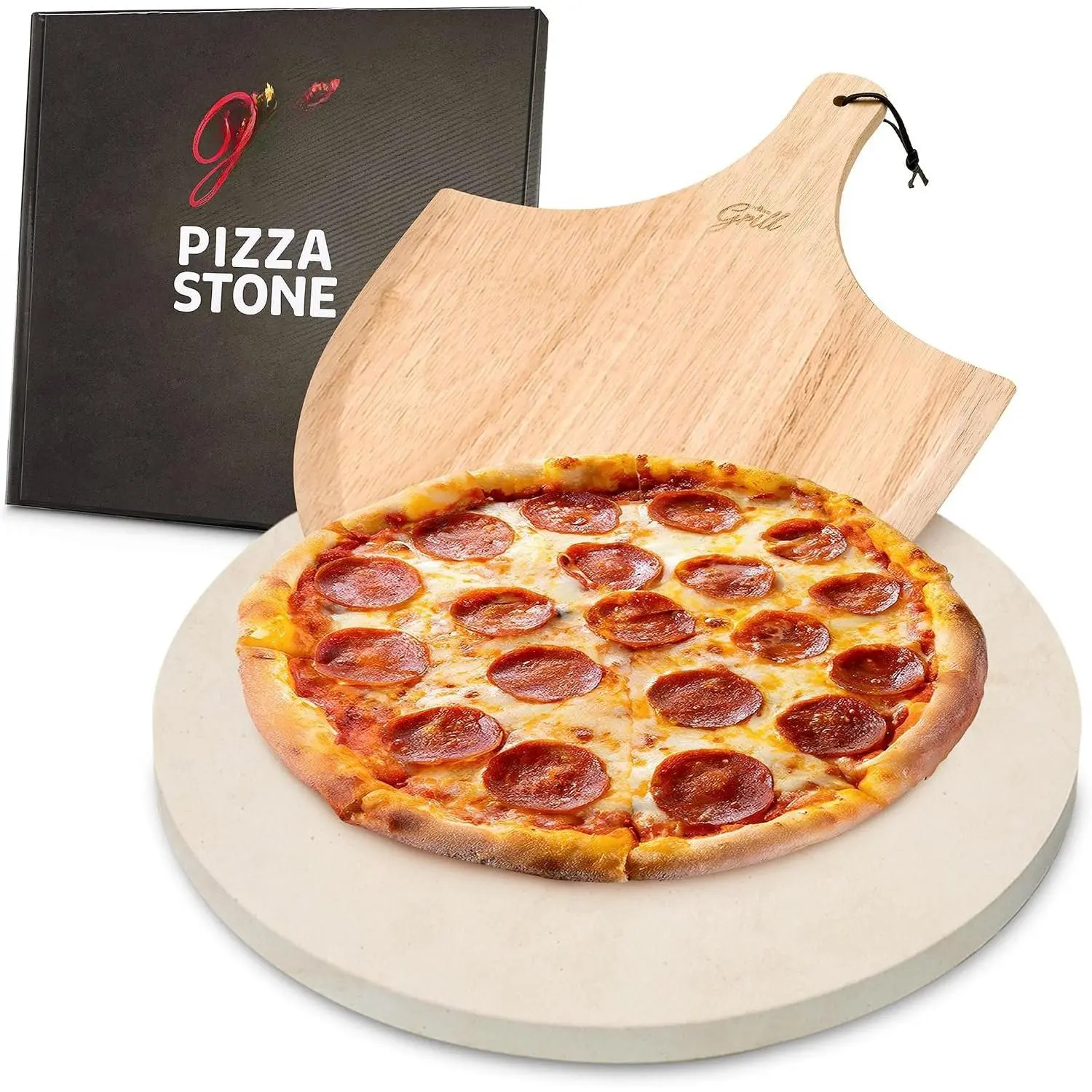 15-Inch Circular Cordierite Pizza Stone Set with Wooden Peel, Compatible with Indoor Kitchen Oven and Baking Pan