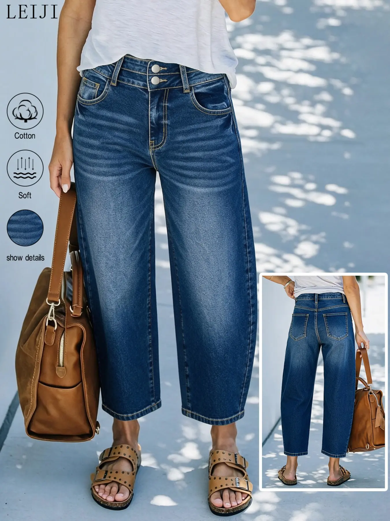 Women's Deep Blue High Waist Double Button Balloon Jeans, Loose Fit Curved Hem, Vintage Casual Nine-Inch Denim Jeans