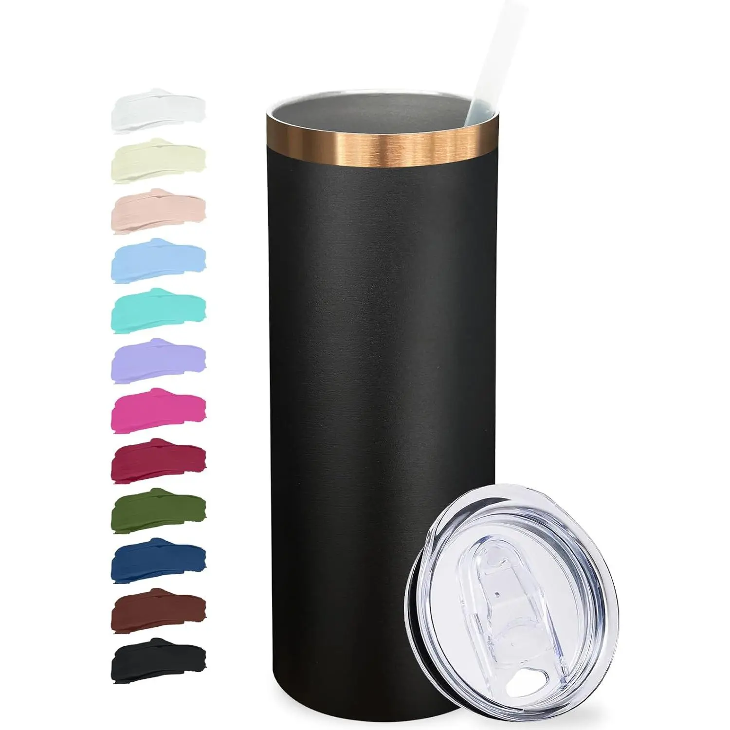 20 oz Skinny Tumblers Bulk, Stainless Steel Insulated Tumbler with Lids and Straws, Slim Double Wall Powder Coated Travel Coffee Mugs Reusable Cup for Hot Cold Drinks (Black,1 pack)